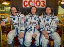 (L-R) Ricky Arnold, KE5DAU; Oleg Artemyev, and Drew Feustel prior to launch. [NASA photo]